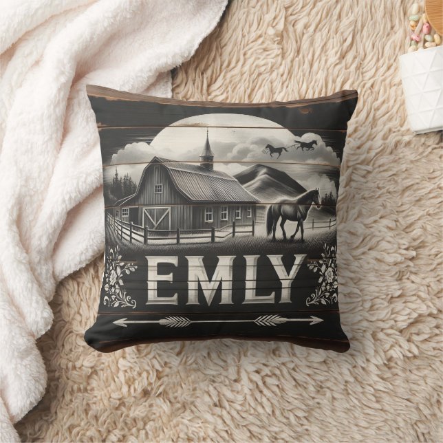 Rustic Barn and Horse at Sunset in Countryside Throw Pillow (Blanket)