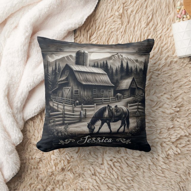 Rustic Barn and Horse in Mountain Landscape Throw Pillow (Blanket)