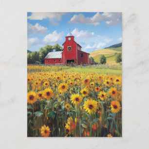 Rustic Barn and Sunflower Field Painting Postcard