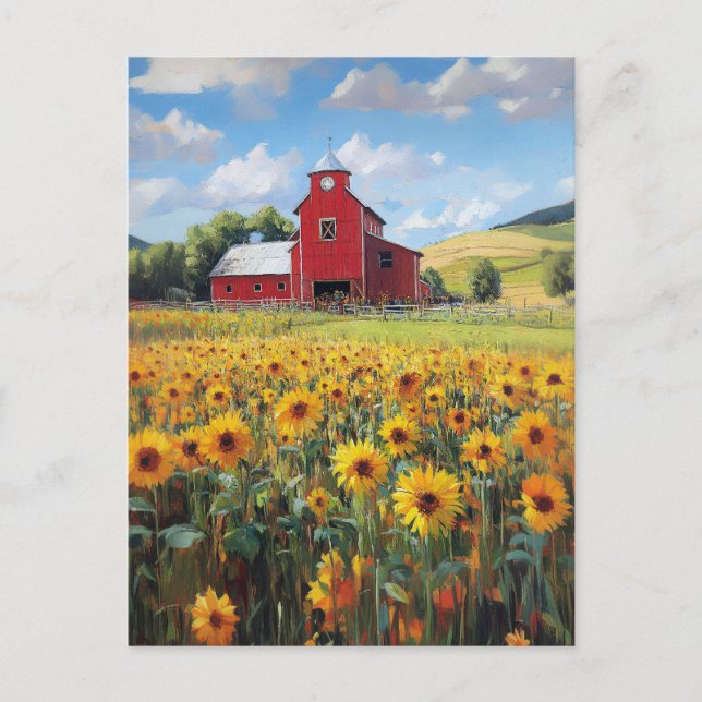 Rustic Barn and Sunflower Field Painting Postcard (Front)