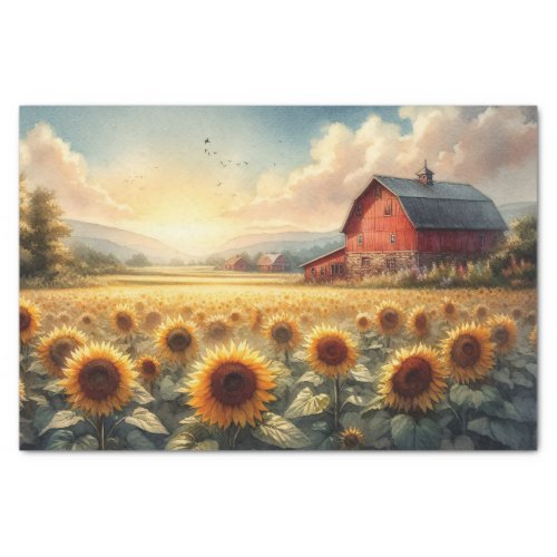 Rustic Barn and Sunflowers Watercolor Decoupage Tissue Paper