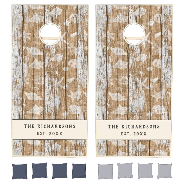 Rustic Barn Beach Wood Sea Shells Custom Cornhole Set (Set)