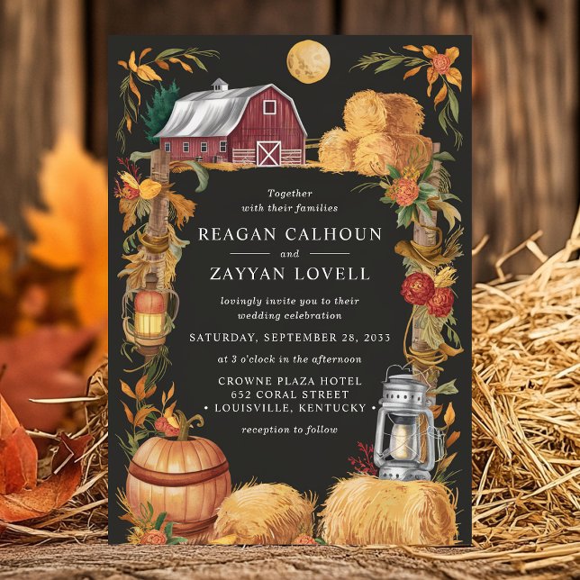Rustic Barn Black Autumn Floral Lantern Wedding Invitation (Creator Uploaded)