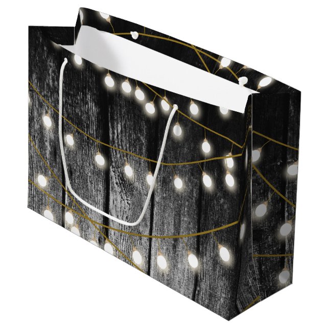 Rustic Barn Black Wood Gold String Lights Large Gift Bag (Front Angled)