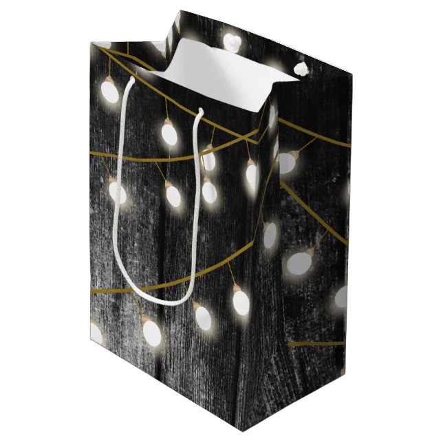Rustic Barn Black Wood Gold String Lights  Medium Gift Bag (Front Angled)