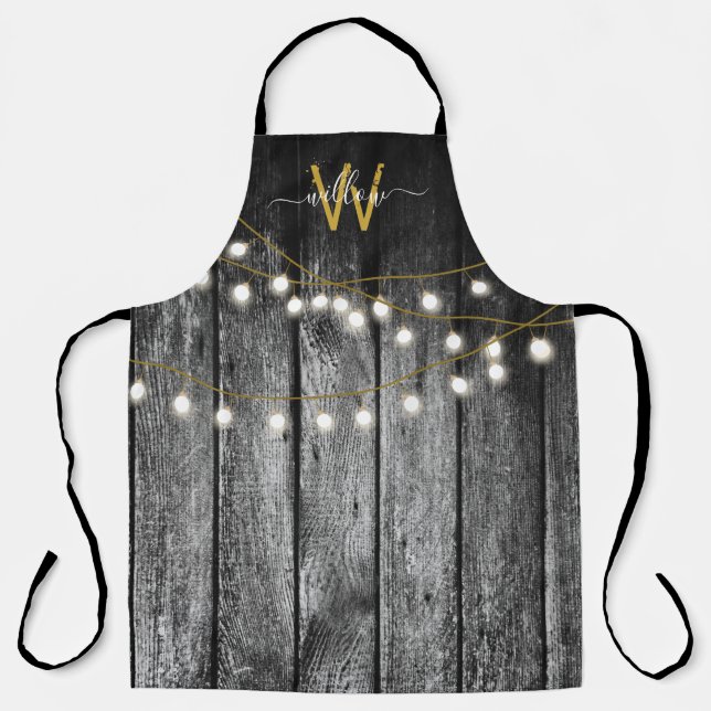 Rustic Barn Black Wood Gold String Lights Monogram Apron (Front)