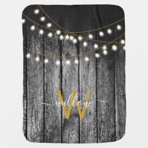 Rustic Barn Black Wood Gold String Lights Monogram Baby Blanket