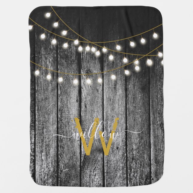 Rustic Barn Black Wood Gold String Lights Monogram Baby Blanket (Front)