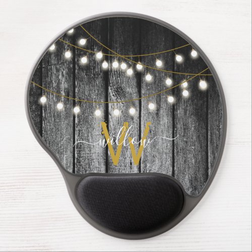 Rustic Barn Black Wood Gold String Lights Monogram Gel Mouse Pad