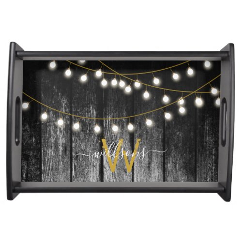 Rustic Barn Black Wood Gold String Lights Monogram Serving Tray