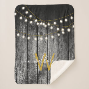 Rustic Barn Black Wood Gold String Lights Monogram Sherpa Blanket