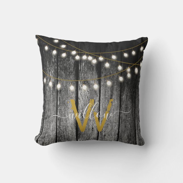 Rustic Barn Black Wood Gold String Lights Monogram Throw Pillow (Front)