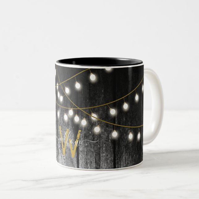 Rustic Barn Black Wood Gold String Lights Monogram Two-Tone Coffee Mug (Front Right)