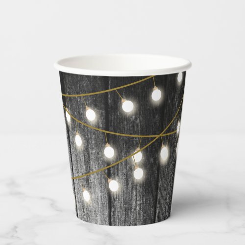 Rustic Barn Black Wood Gold String Lights Paper Cups