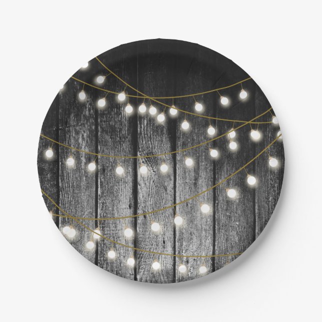 Rustic Barn Black Wood Gold String Lights Paper Plates (Front)