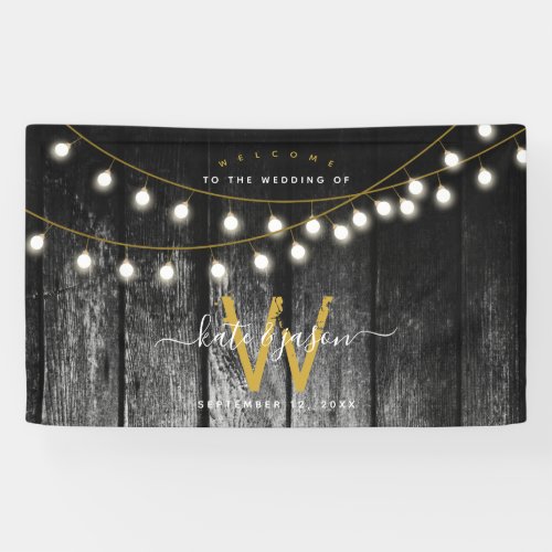 Rustic Barn Black Wood Gold String Lights Wedding  Banner