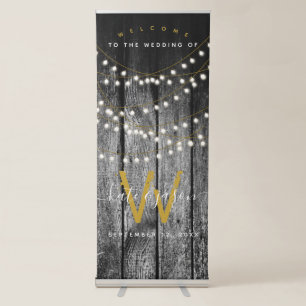 Rustic Barn Black Wood Gold String Lights Wedding Retractable Banner