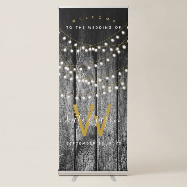 Rustic Barn Black Wood Gold String Lights Wedding  Retractable Banner (Front)