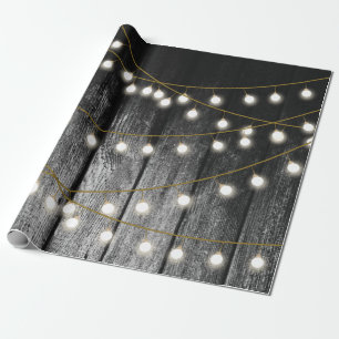 Rustic Barn Black Wood Gold String Lights Wrapping Paper