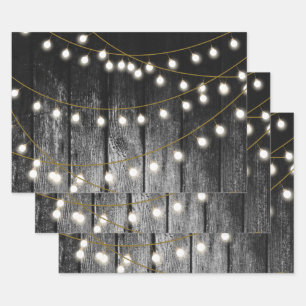 Rustic Barn Black Wood Gold String Lights Wrapping Paper Sheets