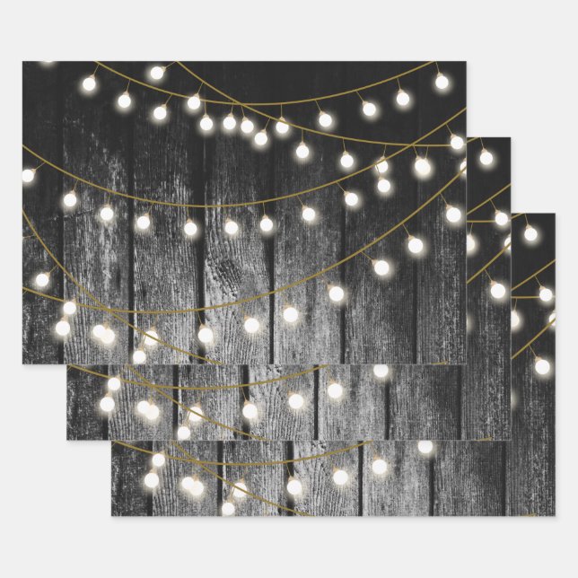 Rustic Barn Black Wood Gold String Lights Wrapping Paper Sheets (Set)