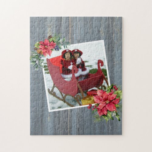 Rustic Barn Board and Poinsettia  Family Photo Jigsaw Puzzle