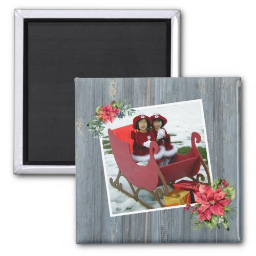 Rustic Barn Board and Poinsettia  Family Photo Magnet