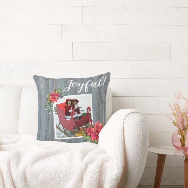 Rustic Barn Board and Poinsettia ~ Family Photo Throw Pillow (Couch)
