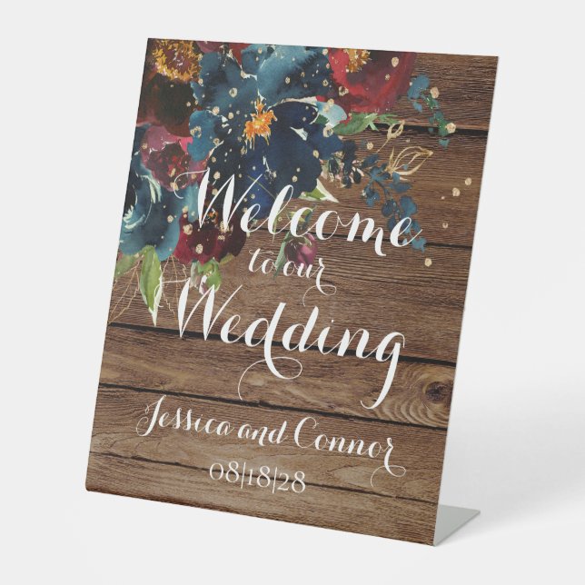 Rustic Barn Board Burgundy Navy Welcome Wedding Pedestal Sign (Front)