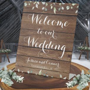 Rustic Barn Board Eucalyptus Greenery Welcome Pedestal Sign