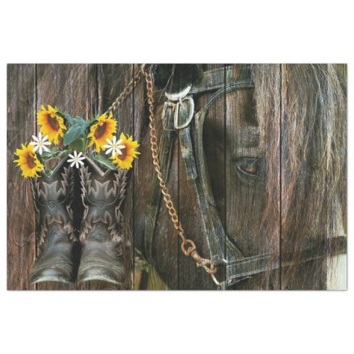 Rustic Barn Board Horse Cowboy Boots Sunflowers Tissue Paper