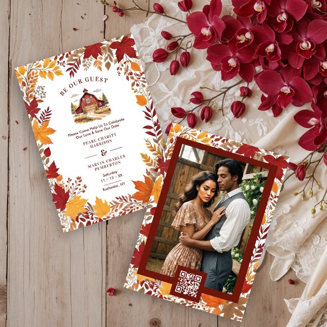 Rustic Barn Botanical Fall Leaves & Branches Frame Save The Date (Exquisite Rustic Barn Classic Farmhouse Style with Delicate Narrow Botanical Fall Leaves & Branches.)