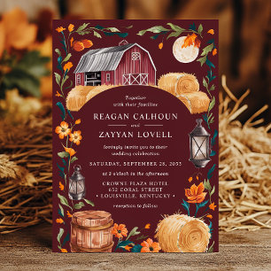 Rustic Barn Burgundy Autumn Lantern Floral Wedding Invitation