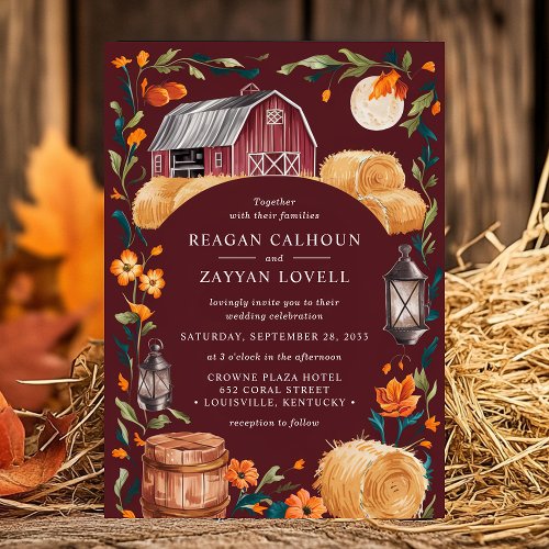 Rustic Barn Burgundy Autumn Lantern Floral Wedding Invitation