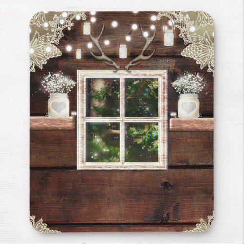 Rustic Barn Cabin Window Looking Out to Pine Tree Mouse Pad