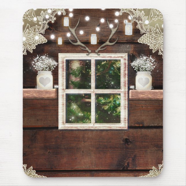 Rustic Barn Cabin Window Looking Out to Pine Tree Mouse Pad (Front)