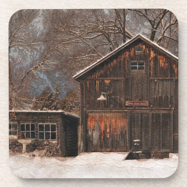 Rustic Barn & Cottage Vintage Snow Scene Beverage Coaster (Front)