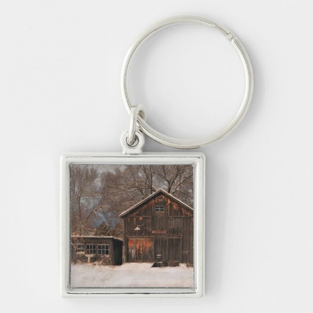 Rustic Barn & Cottage Vintage Snow Scene Keychain (Front)