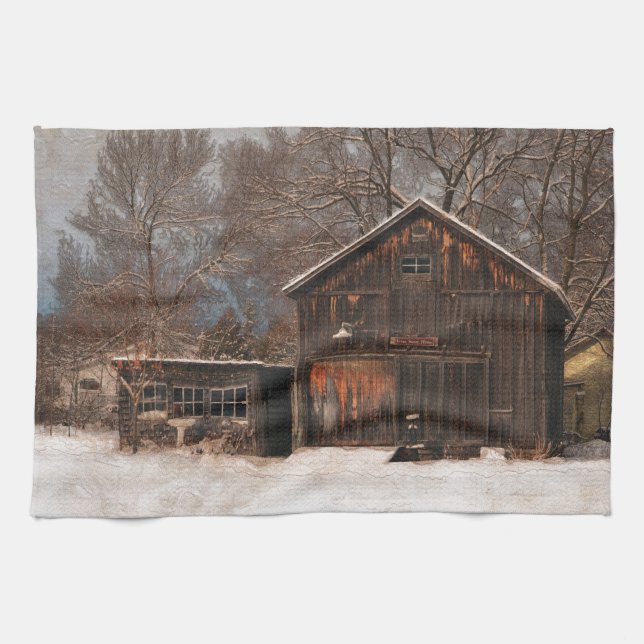 Rustic Barn & Cottage Vintage Snow Scene Kitchen Towel (Horizontal)