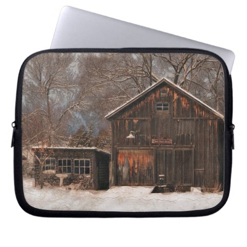 Rustic Barn  Cottage Vintage Snow Scene Laptop Sleeve