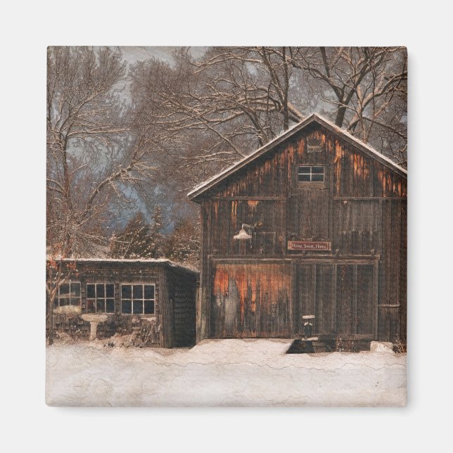 Rustic Barn & Cottage Vintage Snow Scene Magnet (Front)
