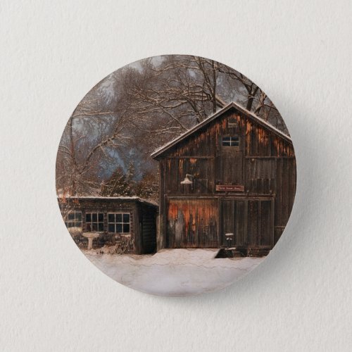 Rustic Barn  Cottage Vintage Snow Scene Pinback Button