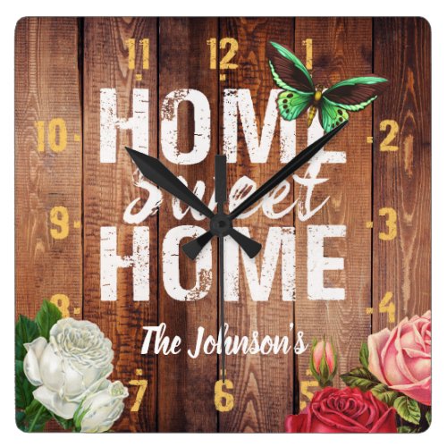 Rustic barn dark wood "Home Sweet Home" design, Square Wall Clock