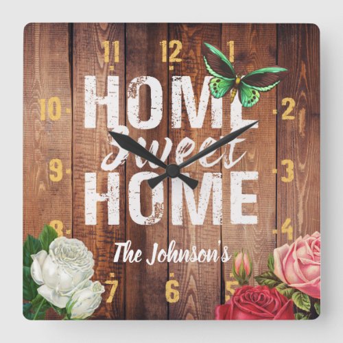 Rustic barn dark wood Home Sweet Home design Square Wall Clock