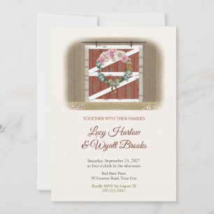 Rustic Barn Door and Floral Wreath Wedding Invitation