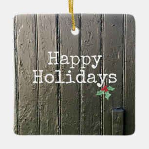 Rustic Barn Door Happy Holidays Holly Pet Photo Ceramic Ornament
