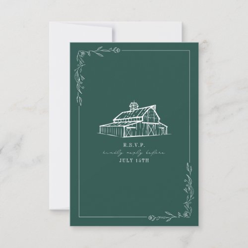 Rustic Barn Emerald Green Wedding RSVP Card