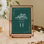 Rustic Barn Emerald Green Wedding Table Number<br><div class="desc">Illustration of rustic barn at top with line art botanical border.  Background is emerald color.</div>