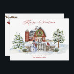 Rustic Barn Farm Christmas Trees Snowman Holiday Card<br><div class="desc">Quaint and cozy rustic watercolor Christmas scene with red barn decorated with a festive wreath,  a jolly snowman,  wooden gate,  stone fence,  red cardinal,  and snow-covered trees. Personalize with your own text front and back.</div>