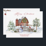 Rustic Barn Farm Christmas Trees Snowman Holiday Card<br><div class="desc">Quaint and cozy rustic watercolor Christmas scene with red barn decorated with a festive wreath,  a jolly snowman,  wooden gate,  stone fence,  red cardinal,  and snow-covered trees. Personalize with your own text front and back.</div>